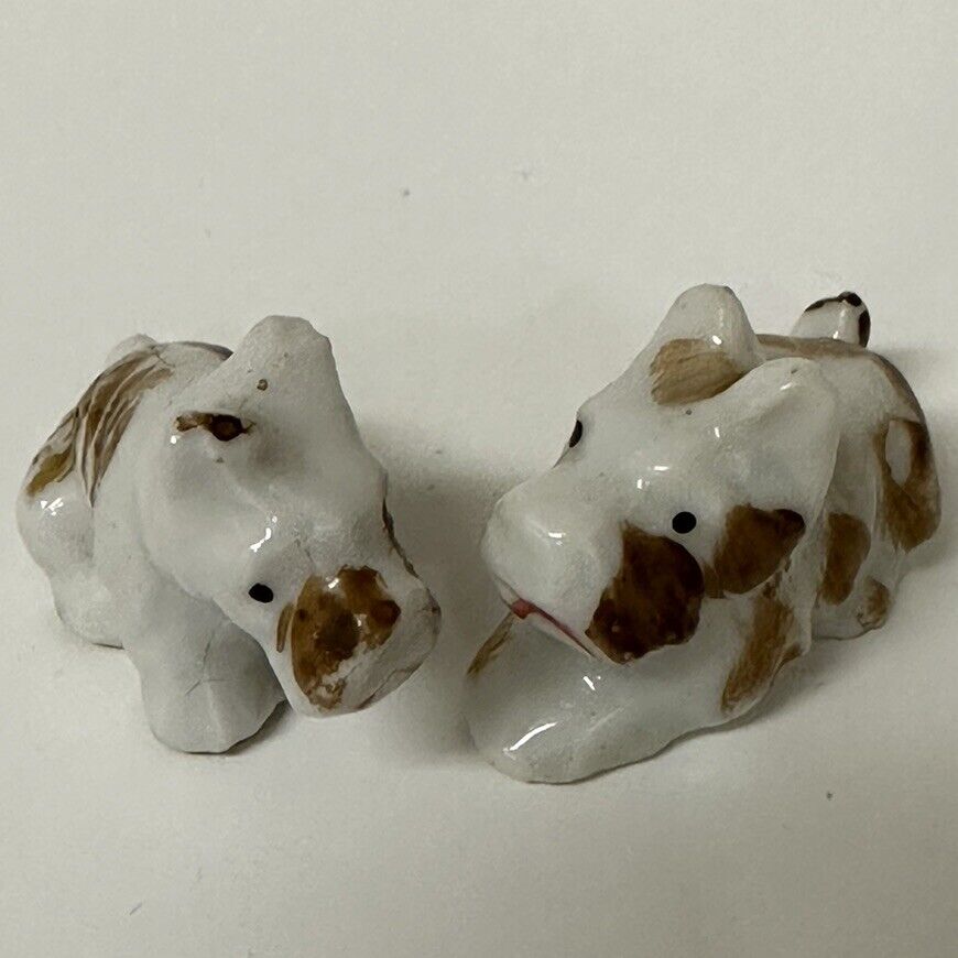 Vintage Terrier Dogs White Brown Japan Set of 2  Tiny 1” Cuties