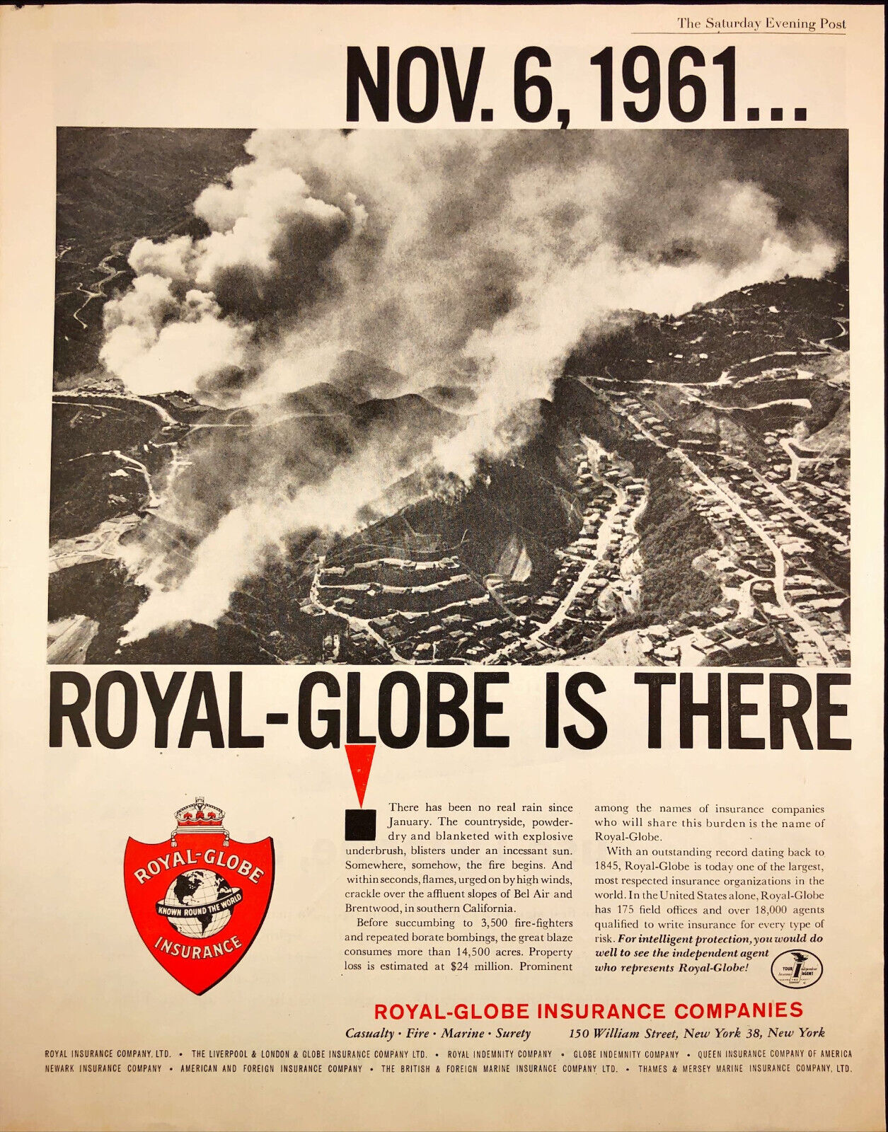 1962 Royal-Globe Insurance Print Ad Nov 6, 1961 Brentwood Bel Air Fire
