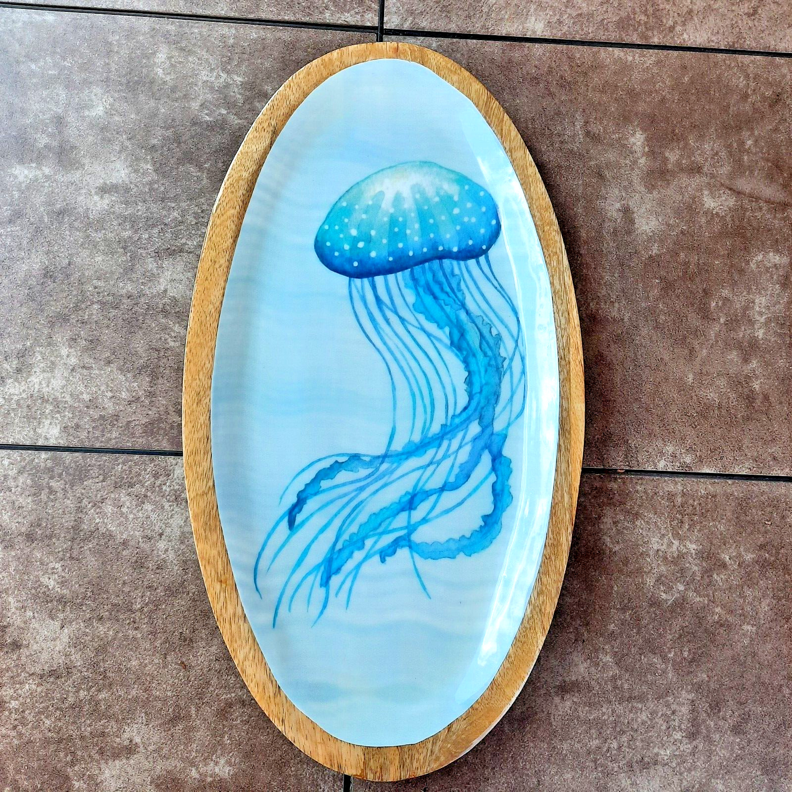 Wood Oval Serving Party Charcuterie Tray Platter Beach Display Coastal Jellyfish