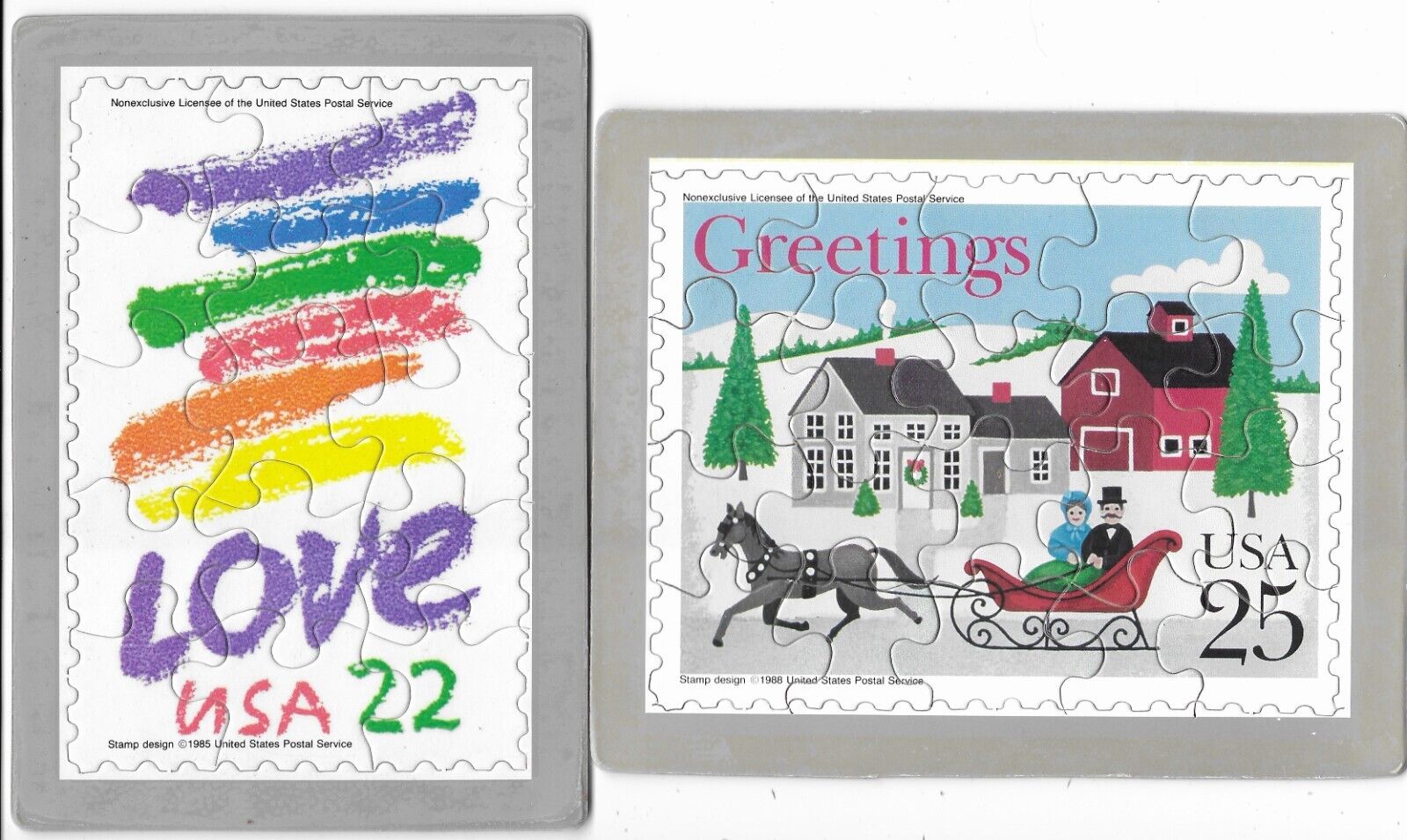 2 United States Postal Service Puzzle Postcards 1985 & 1988 Christmas and Love