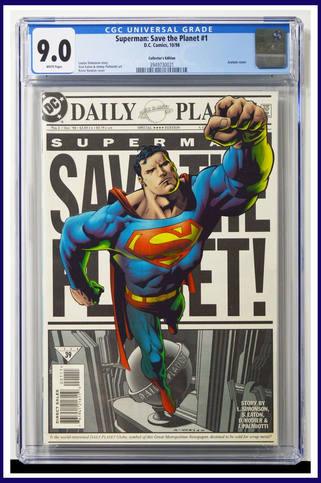Superman Save The Planet #1 CGC Graded 9.0 DC 1998 Acetate Cover Comic Book.