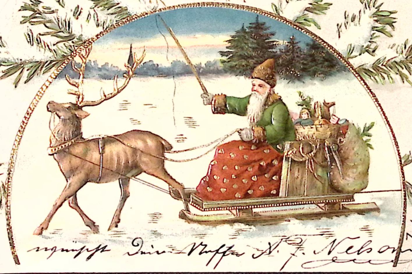 1904 GERMANY Christmas Postcard Green Robed Santa Uses Buggy Blanket in Sleigh