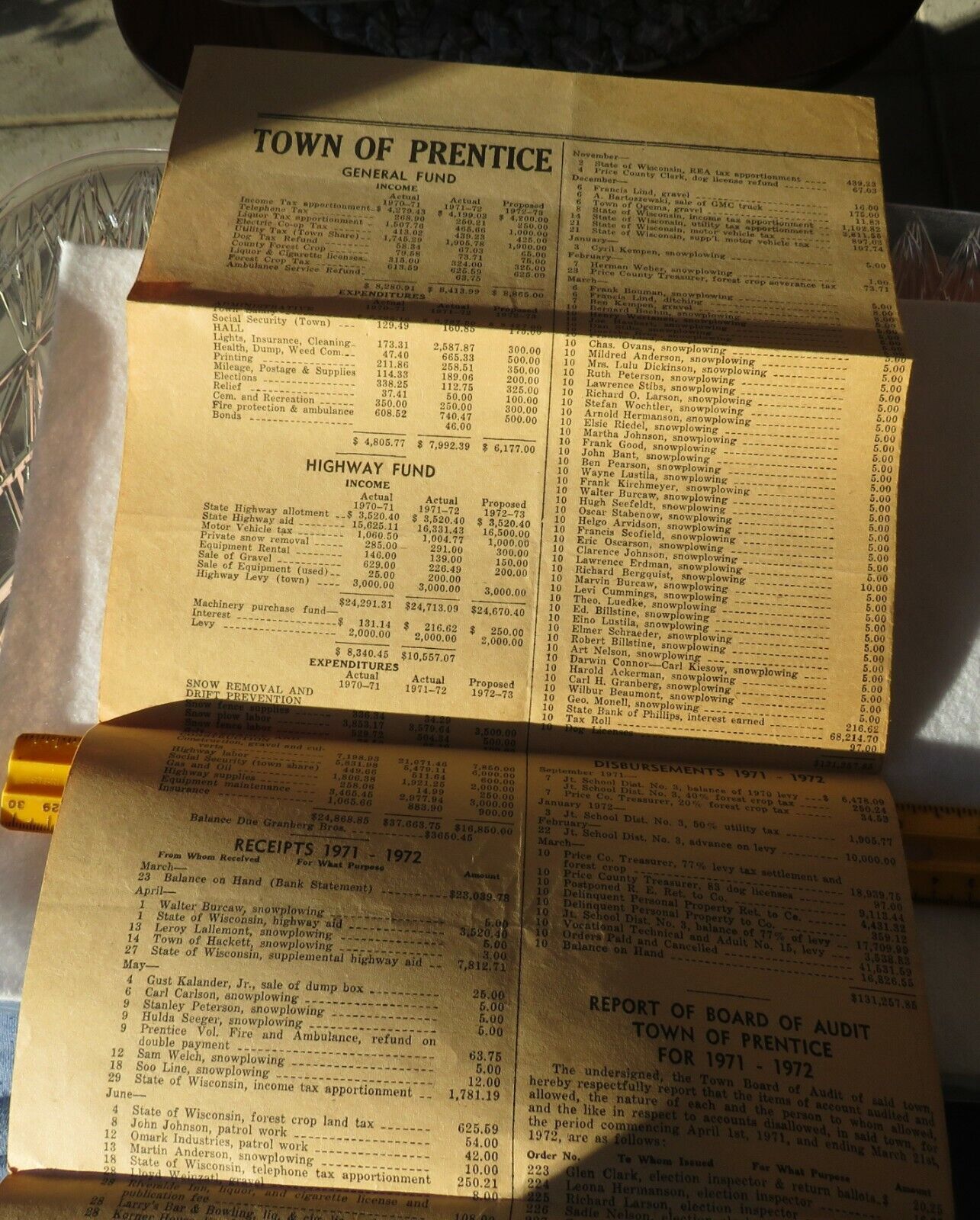 1971 1972 Town Of Prentice WI Payments Report Of Audit Disbursements