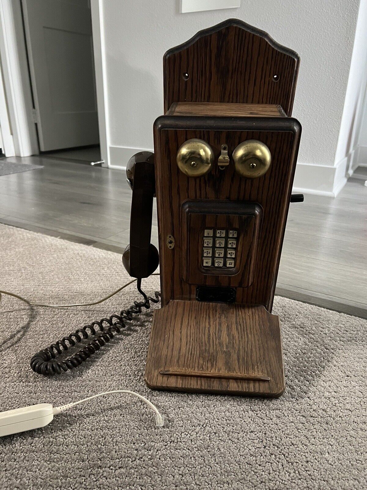VTG Phone Wood Box Wall Mount Antique Telephone With Buttons Oak/Gold UNTESTED