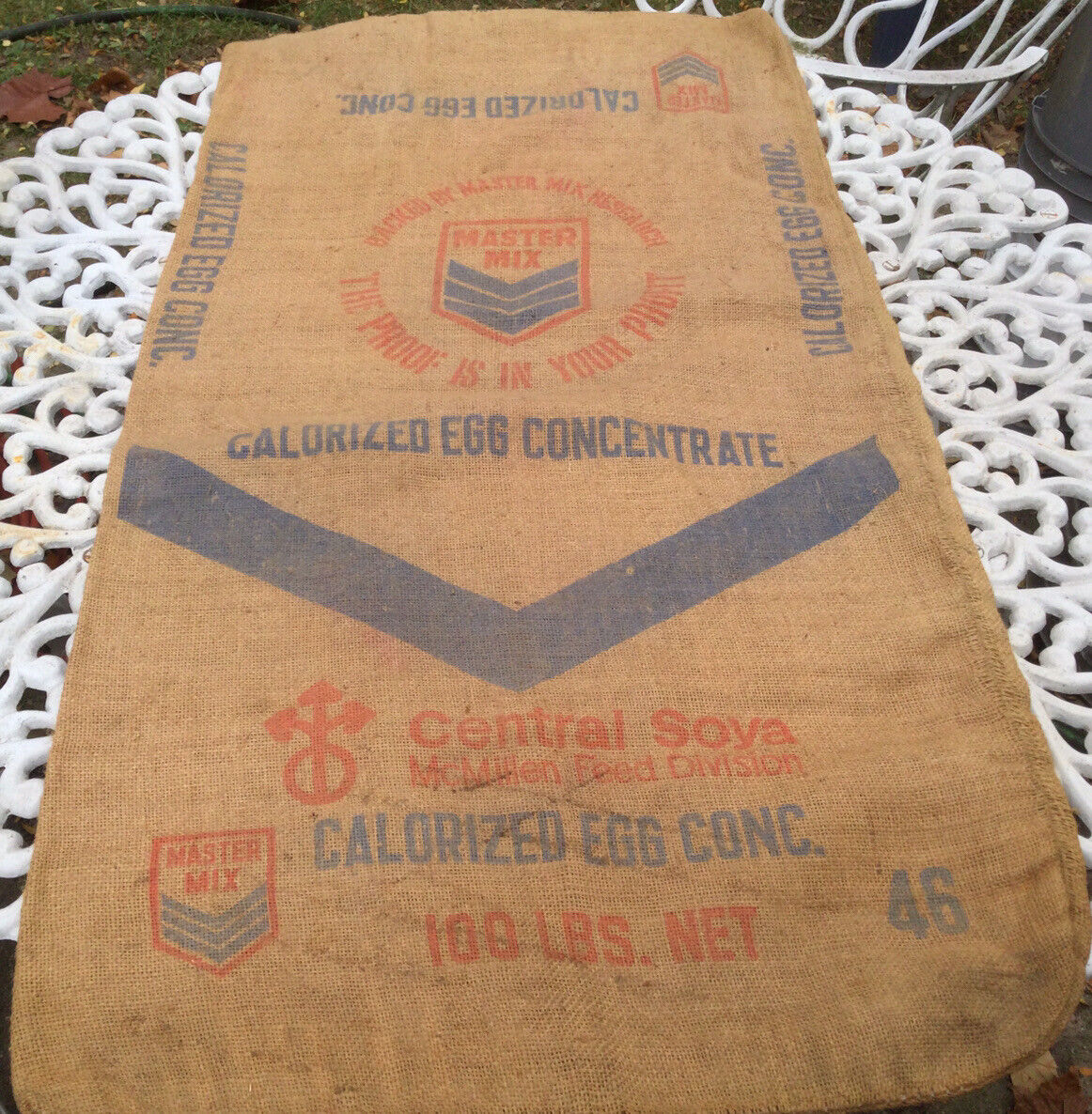 VTG BURLAP ADV SEED FEED SACK BAG MASTER MIX CALORIZED EGG CONCENTRATE 2 Sided