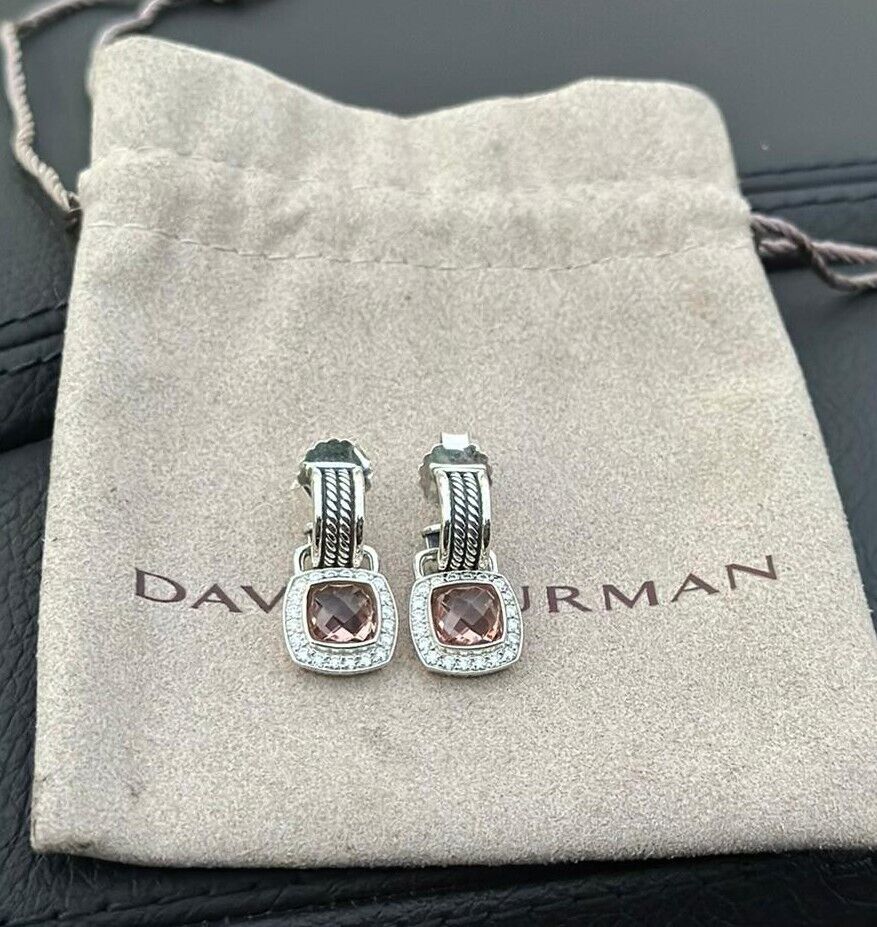 David Yurman Albion WOMEN 7MM Drop Earrings MORGANITE Silver & Diamonds