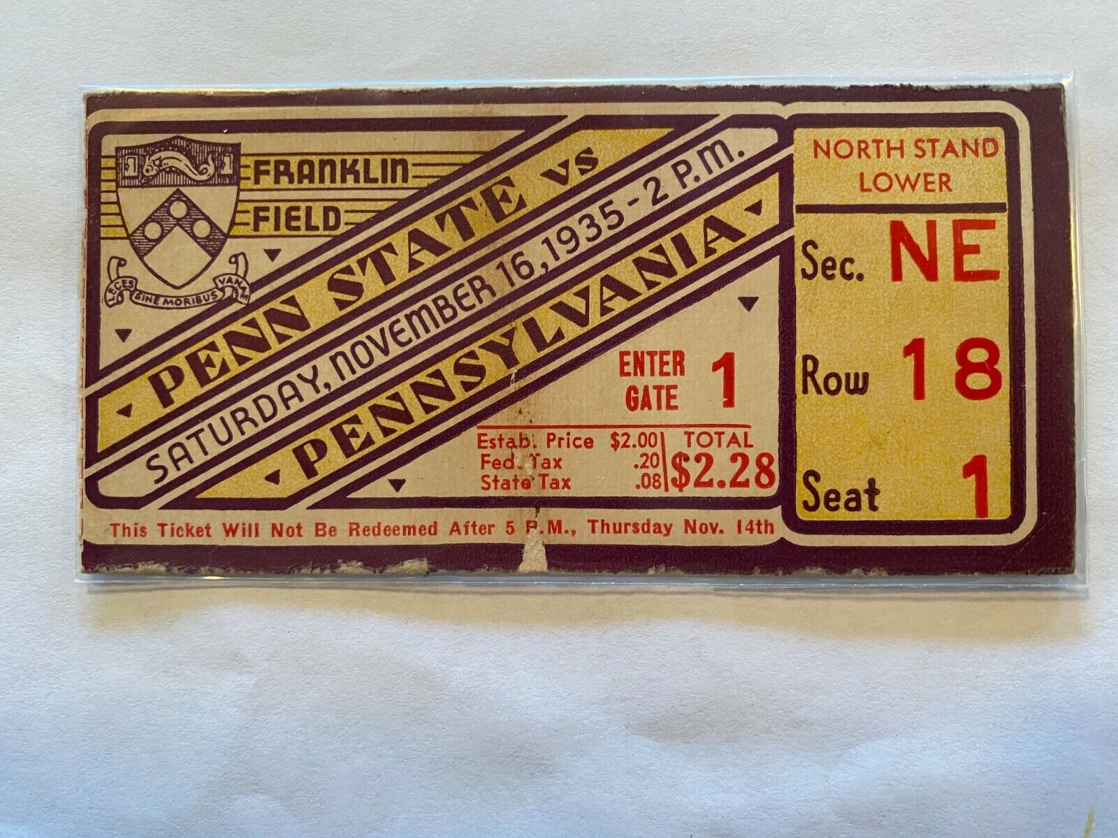 Vintage 1935 Penn State  vs. Pennsylvania Football Ticket Stub - Nov. 16, 1935