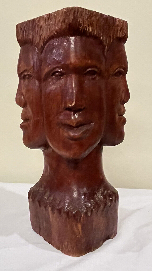 Wooden Tiki Perpetual Four Faces Vase Hand Carved 4 Sided Vintage Native Marked