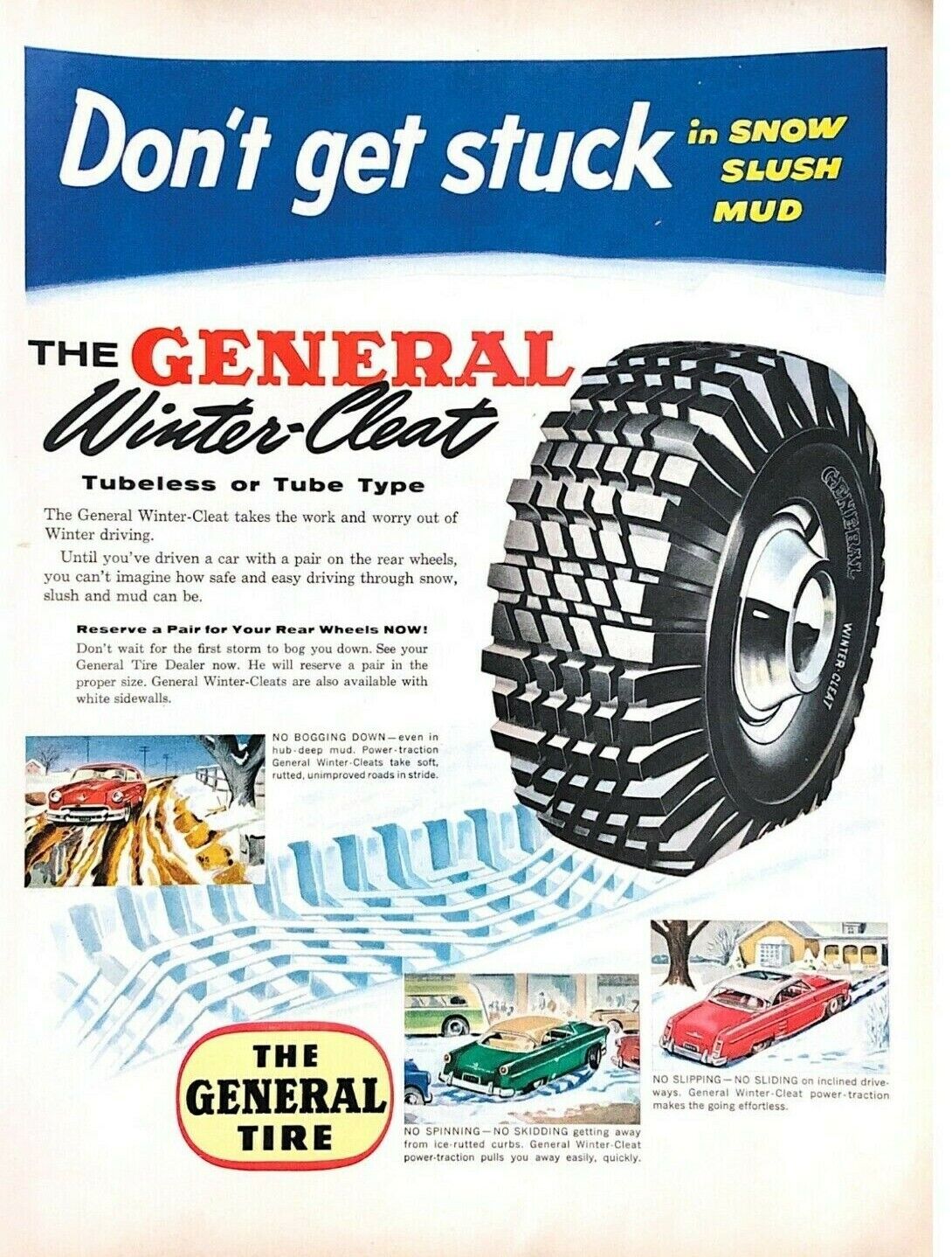 1955 General Tire Vintage Print Ad Automobile Car Winter Cleat Tubeless 
