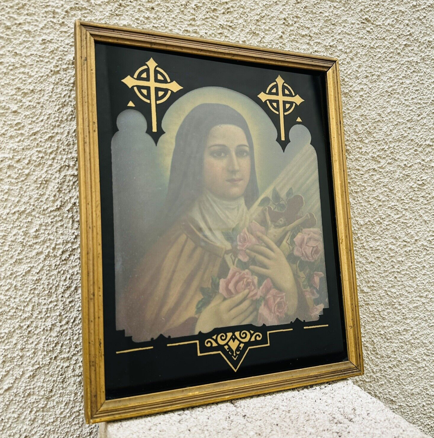 Vintage Deltex Religious Series Saint Theresa 1933 Reverse Painted Gold Framed