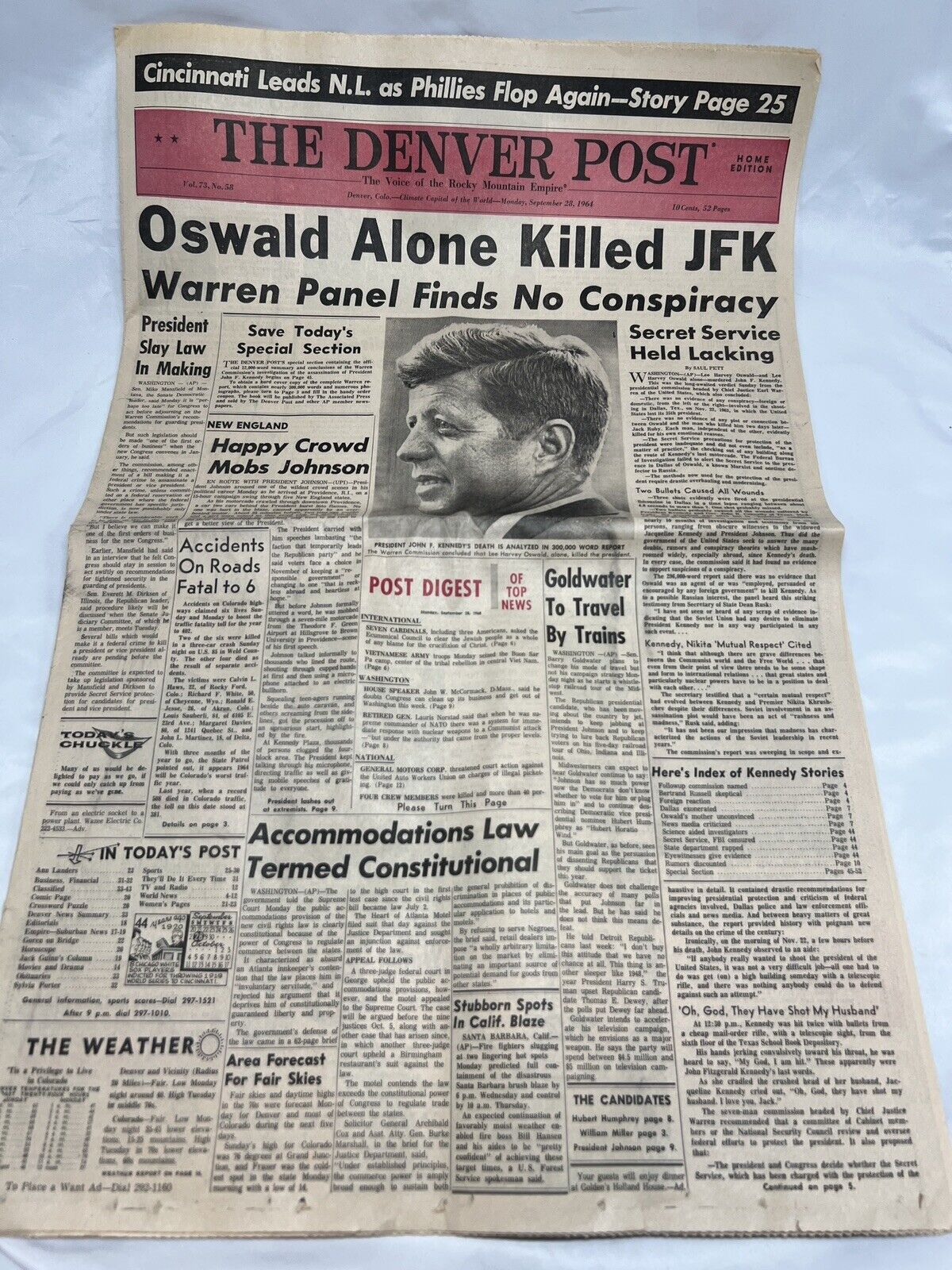 The Denver Post OSWALD ALONE KILLED JFK WARREN REPORT Sept 28 1964 Orig