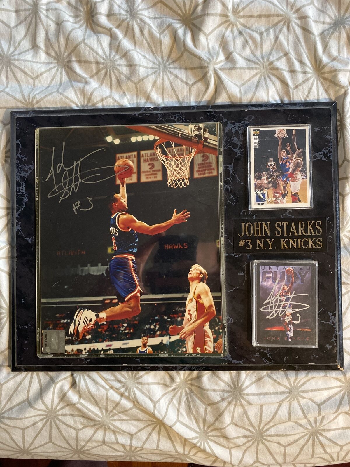 John Starks 2 Times Signed Framed Basketball And Picture. 