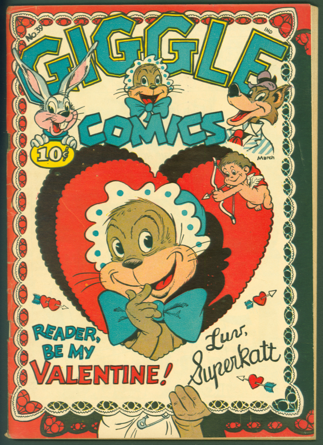 VTG 1947 Golden Age Creston Giggle Comics #39 VG/F Valentine Cover  Superkatt