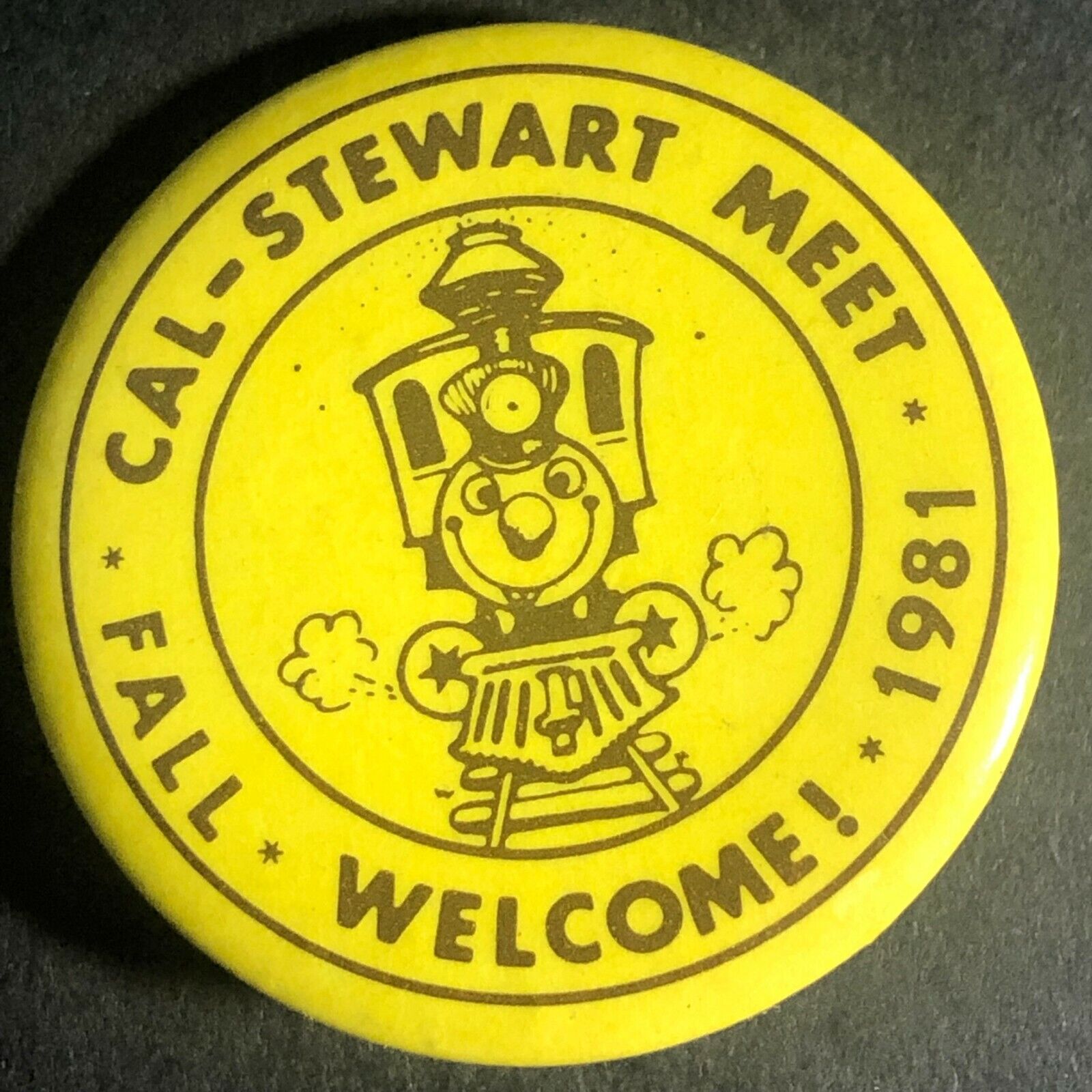Pair of Fall 1981 Cal-Stewart Toy Train Meet Pinback Buttons 1 3/8 dia.