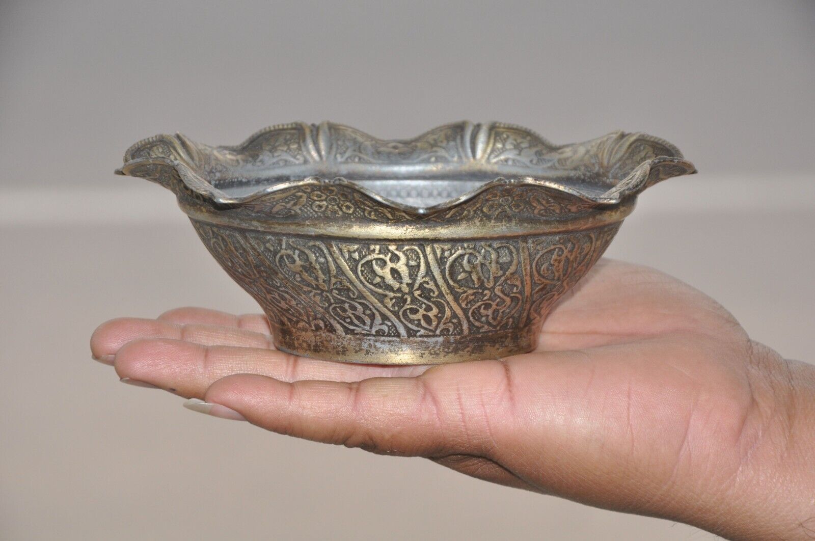 Vintage Brass 'SENA' Inlay Engraved Oval Shape Dry Fruit Handcrafted Bowl,Turkey