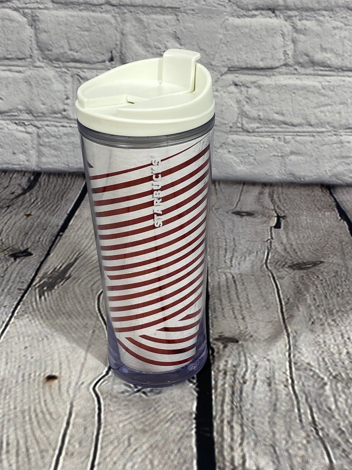 Starbucks 2009 Red/White Candy Cane Striped 12 oz. Holiday Travel Tumbler w/Lid
