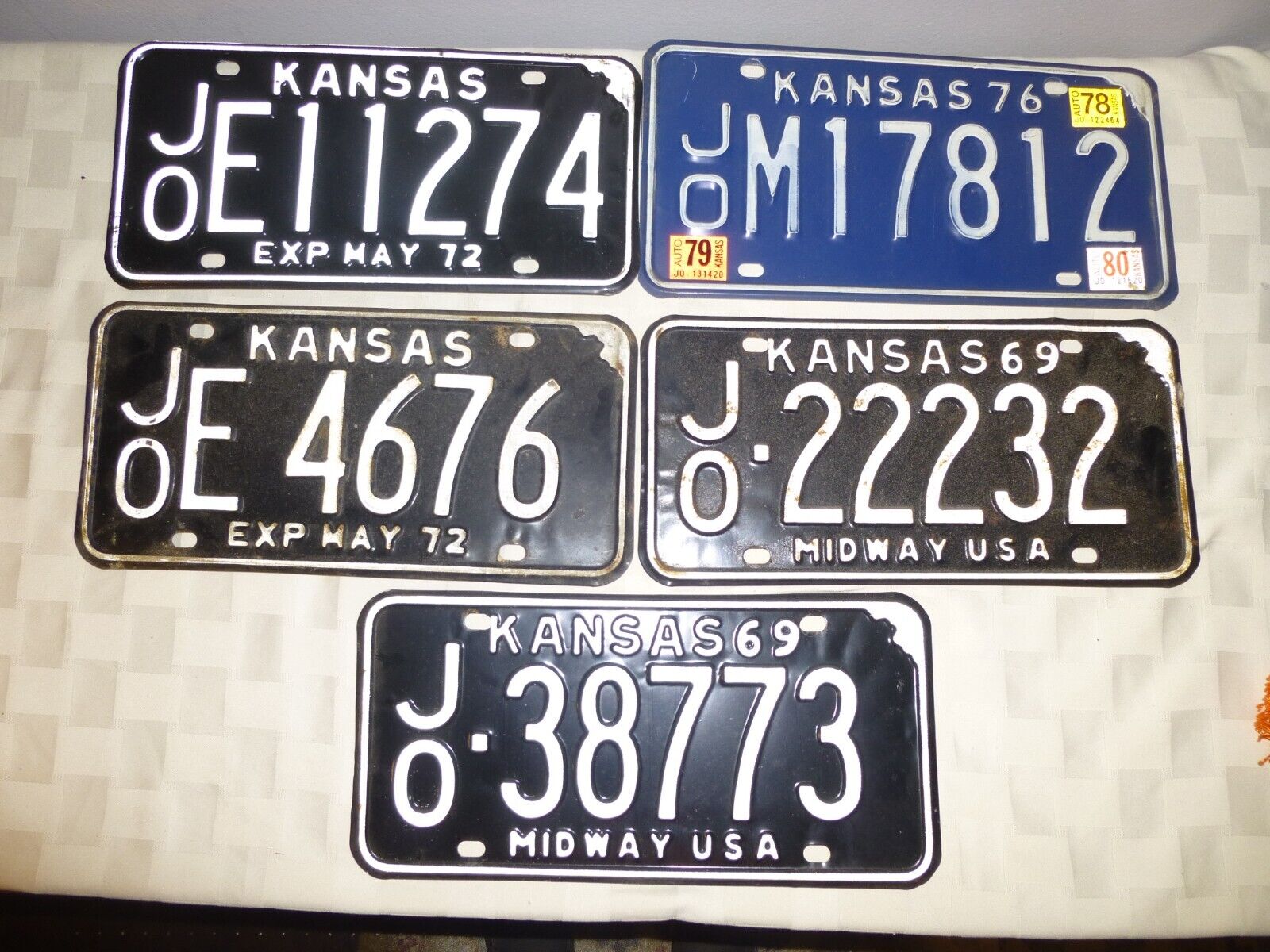 Lot of 5 Vintage Blue Kansas License Plates, 1969, 1972, 1976