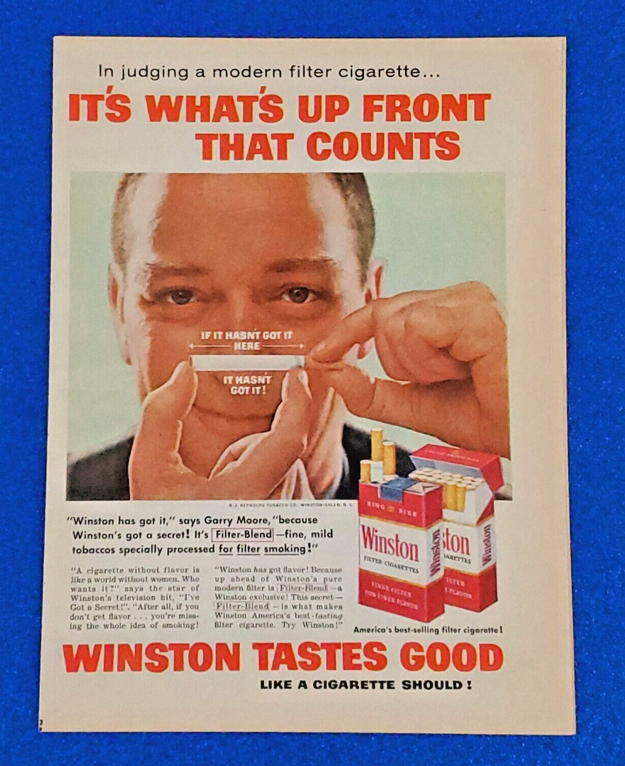 VINTAGE 1958 WINSTON CIGARETTE ORIGINAL COLOR PRINT AD \