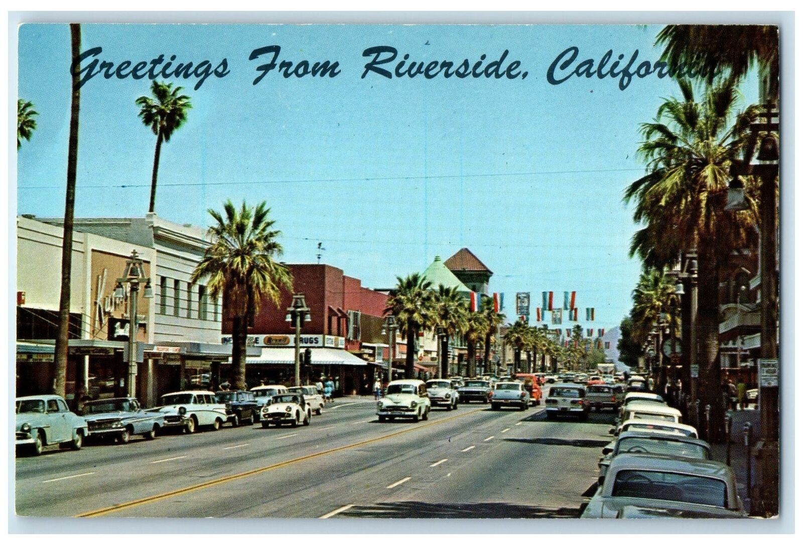c1950's Greetings From Riverside Main Street Classic Cars California CA Postcard