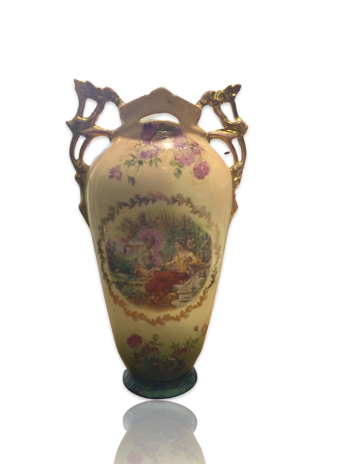 Antique Victoria Austria Vase Portrait Porcelain Double Handle