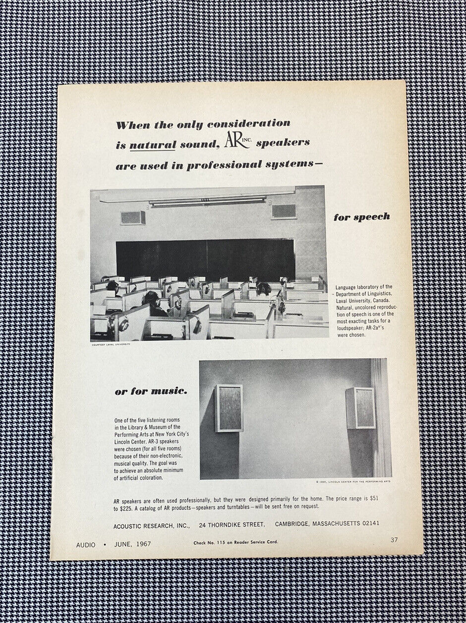 ACOUSTIC RESEARCH LOUDSPEAKER ORIGINAL ADVERTISEMENT 1967 AUDIO REVIEW J0416