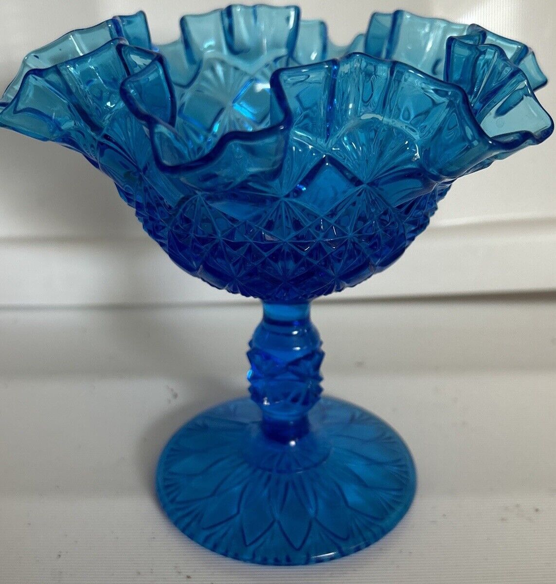 Fenton Art Glass Royal Blue Ruffled Fan Cut & Block Compote (old Virginia Glass)