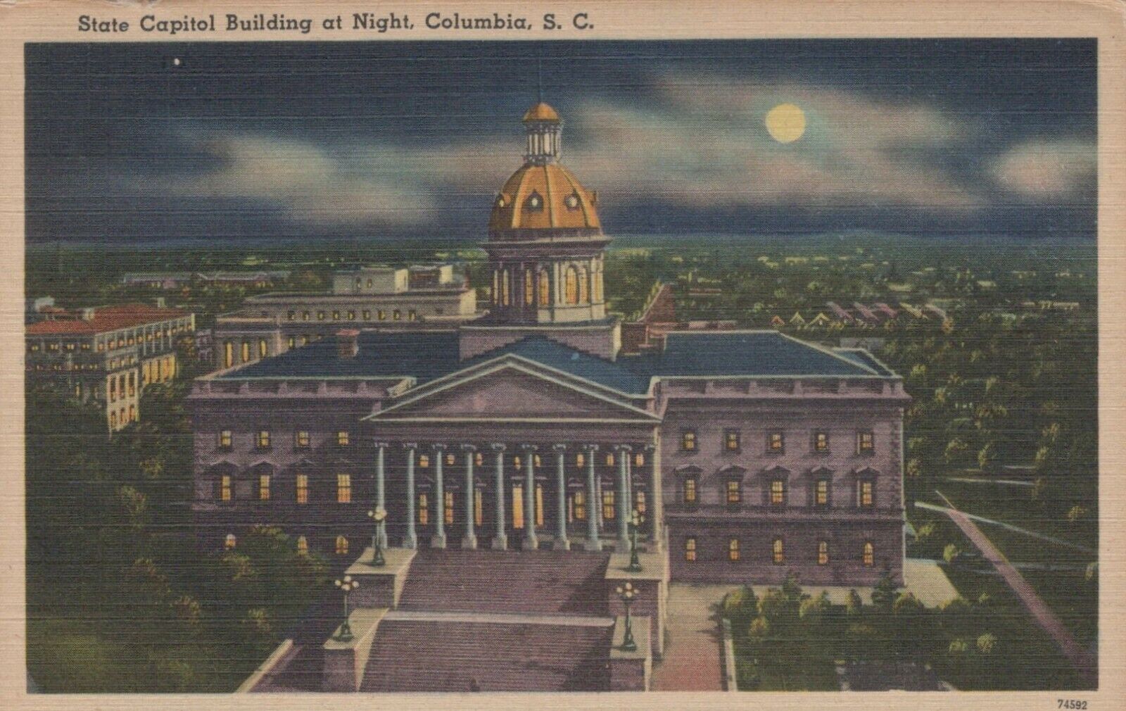 ST Capitol Bldg At Night Columbia South Carolina Posted Vintage Linen Post Card