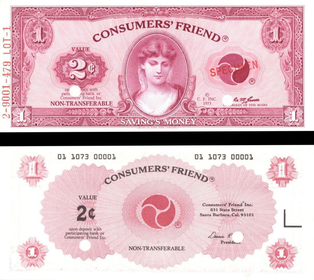 Consumers\' Friend Savings Money - dated 1973 American Bank Note Specimen - Like 