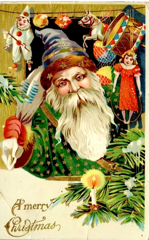 Antique Merry Christmas Postcard Old World Santa Green Robe Purple Hat Toys 1913