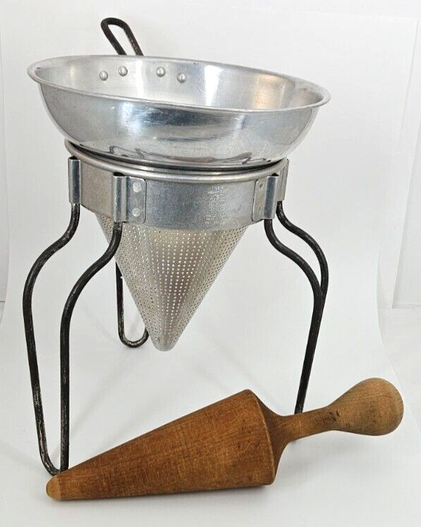 Vintage Wear Ever Chinois Aluminum No 8 Funnel Sieve & Strainer Pestle Canning