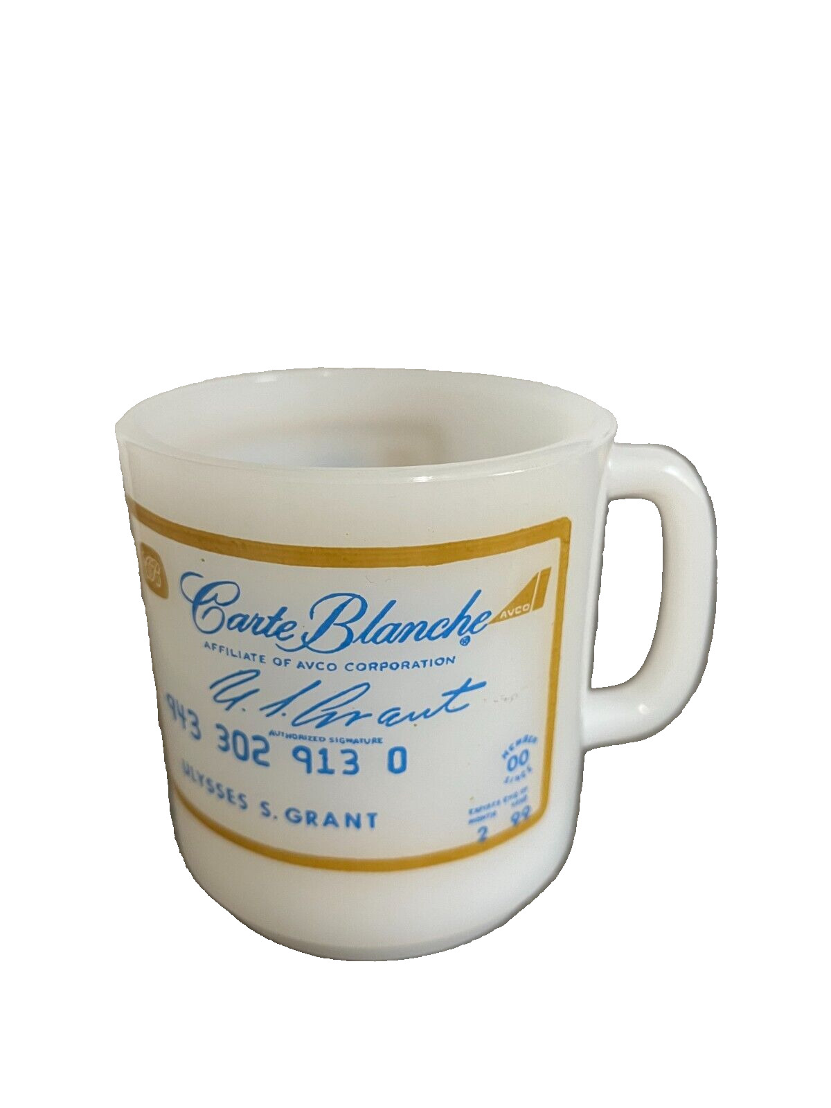 Vintage Carte Blanche Credit Card Avco Ulysses Grant 3.5\'\' Milk Glass Mug