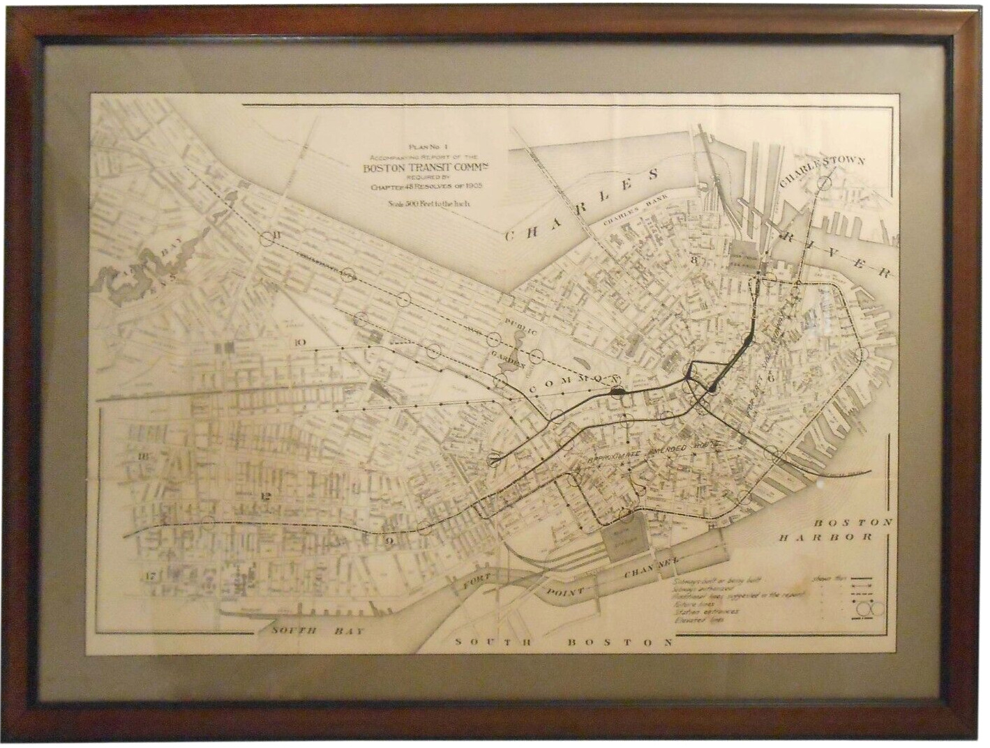 RARE 1905 PLAN #1 ACCMPNYNG REPORT BOSTON TRANSIT COMM, PROPOSED SUBWAY MAP FRMD