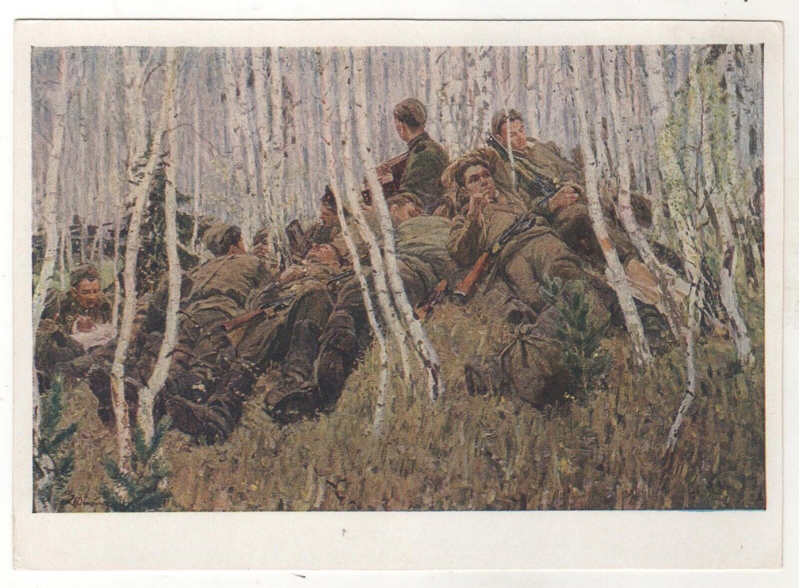 World War II WW2 Soldiers After the battle At a halt ART OLD Russian Postcard