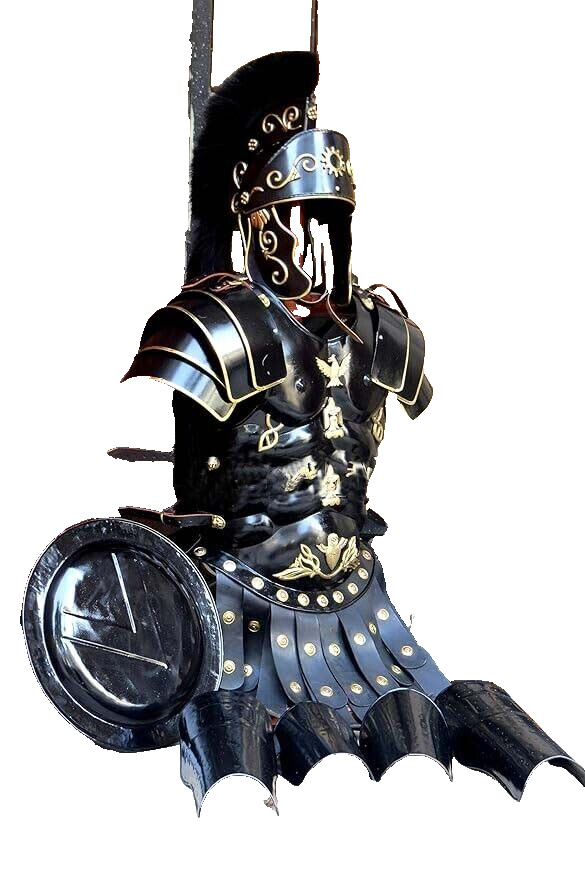 Roman Black Muscle Armor Cuirass Set w/ Helmet, Shield, Leg & Arm Guard Medieval