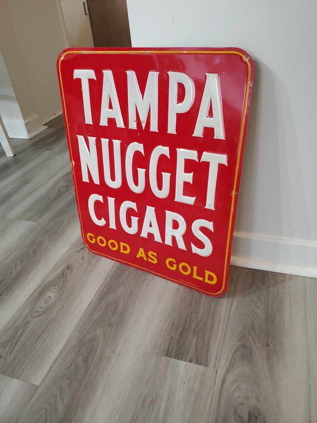 c.1964 Original Vintage Tampa Nugget Cigars Sign Metal Embossed Tobacco Gold FLA