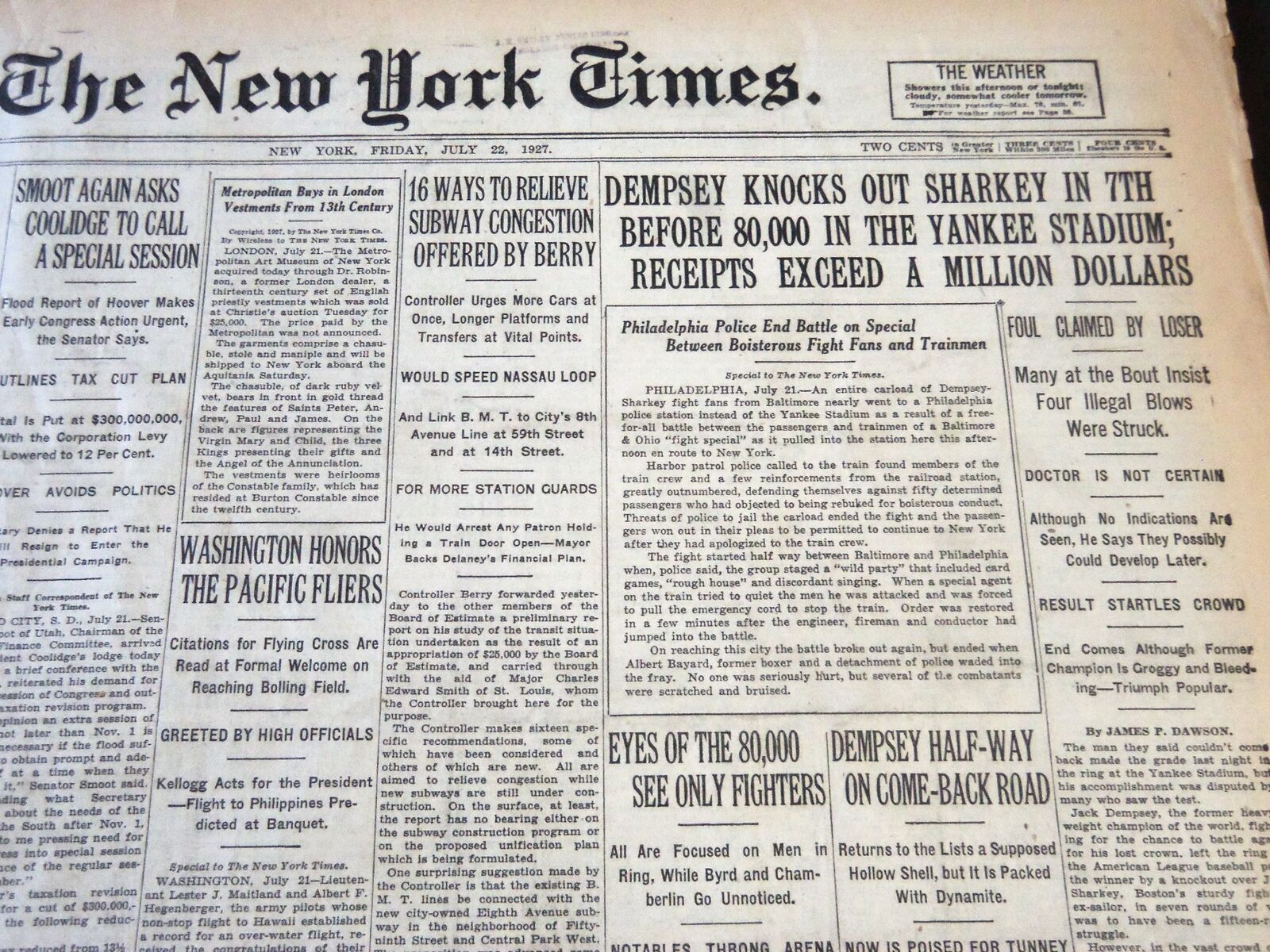 1927 JULY 22 NEW YORK TIMES - DEMPSEY KNOCKS OUT SHARKEY IN 7TH - NT 6479