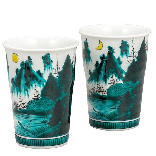 Pair Kutani yaki ware Japanese Sake Beer  glass cup set Aote Sansui Yoshinori