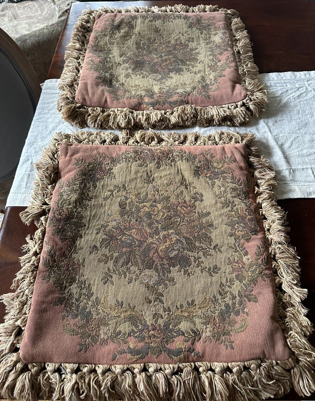 Vintage Sussex House Tapestry Pillow Cases Set Pair Tasseled Pink Beige Arcadian