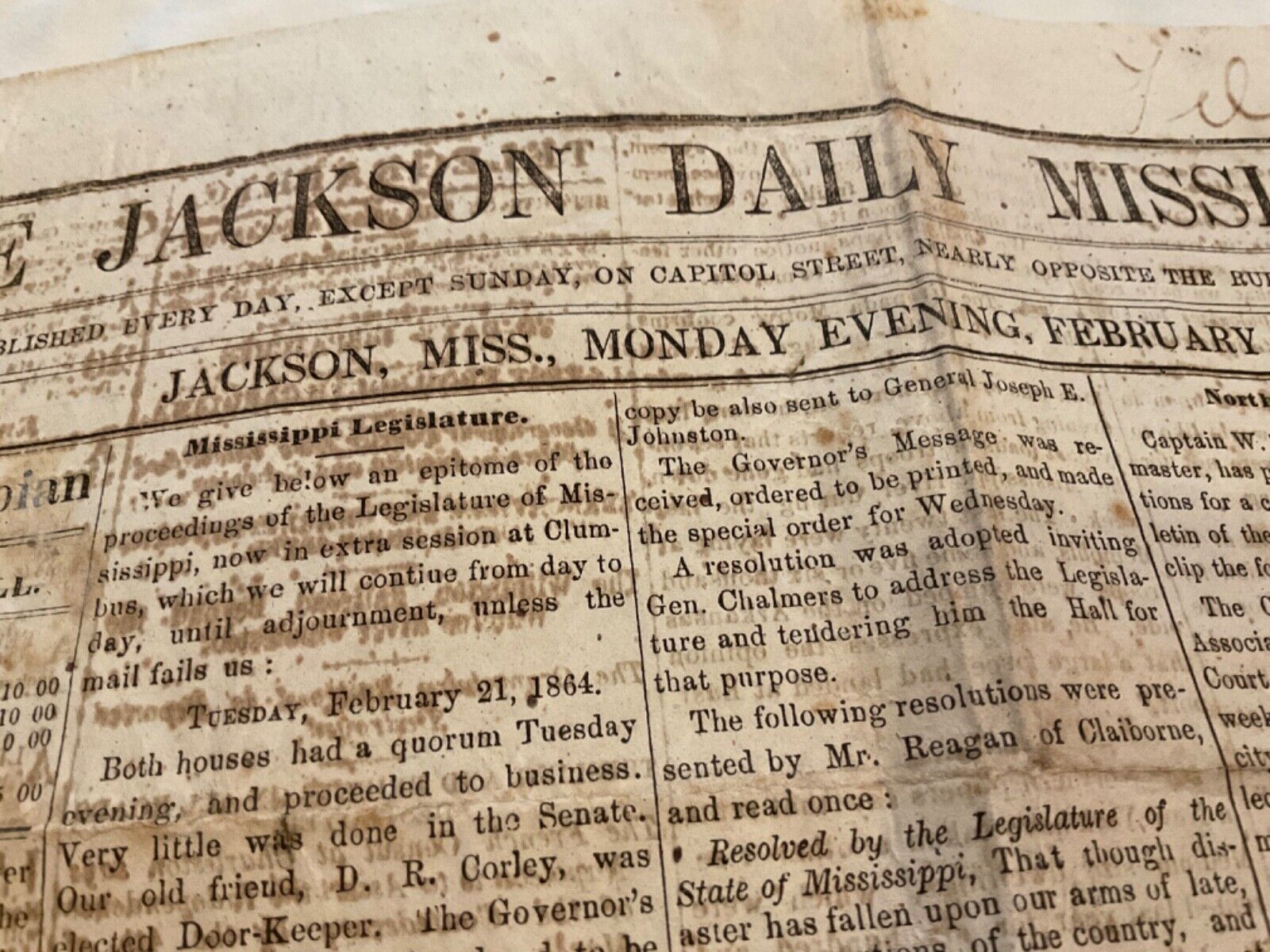 CIVIL WAR JACKSON DAILY MISSISSIPPIAN FEB. 1865 GEN FORREST TRAINS GRANT  CAUSE