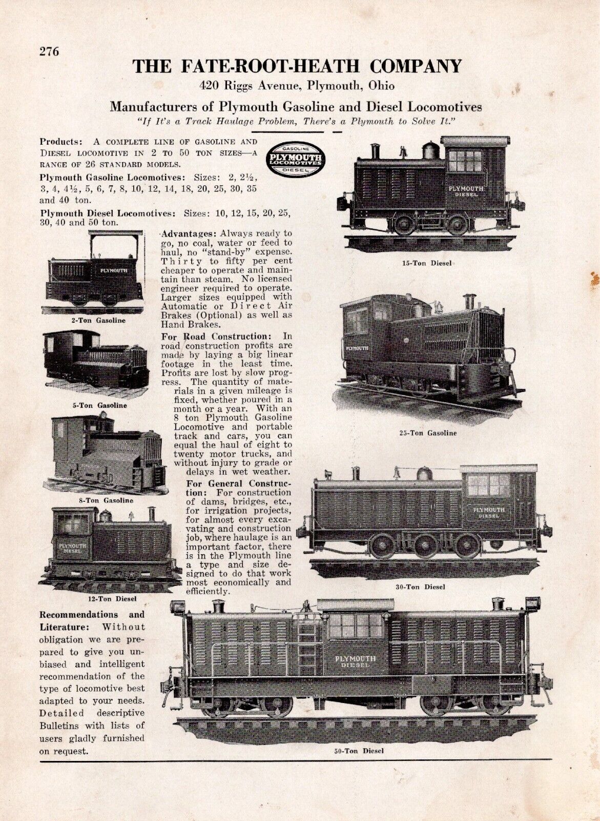 1928 Fate-Root-Heath Company Gasoline and Diesel Rail Locomotives Print Ad 46