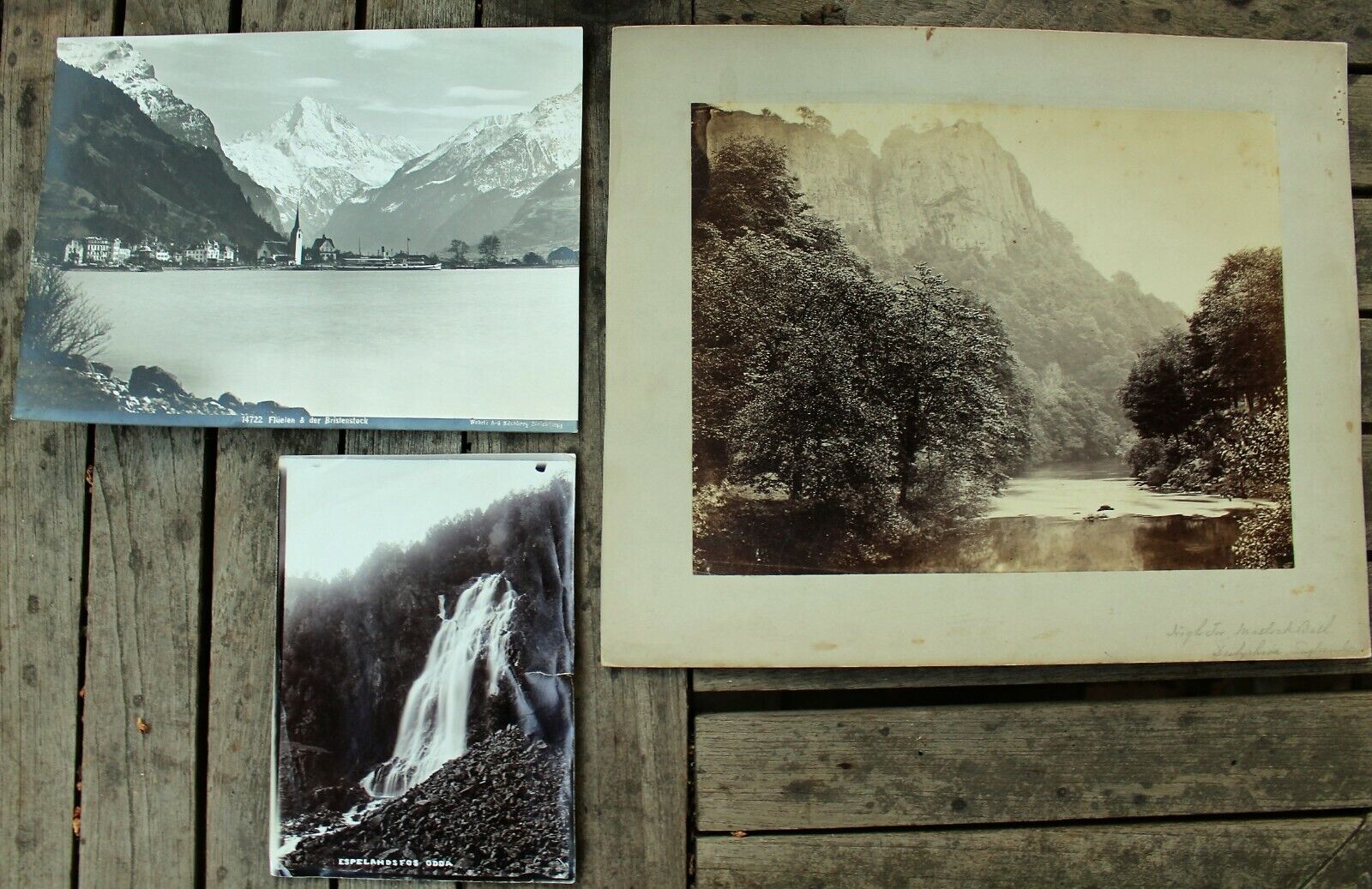 3 Antique Alpine Photos:Bristenstock(Switz),High Tor(GB) & Espelandsfos (Norway)