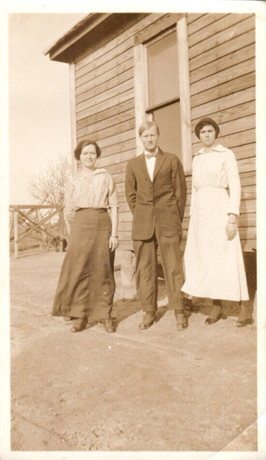 Vintage Photo 1930s, 3 People, A Man & 2 Women Outside A House,  4.5x2.25, Sepia