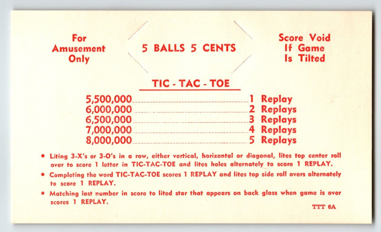 Tic-Tac-Toe Pinball Machine Instruction Score Game Rules Card 1959 Unused NOS #3