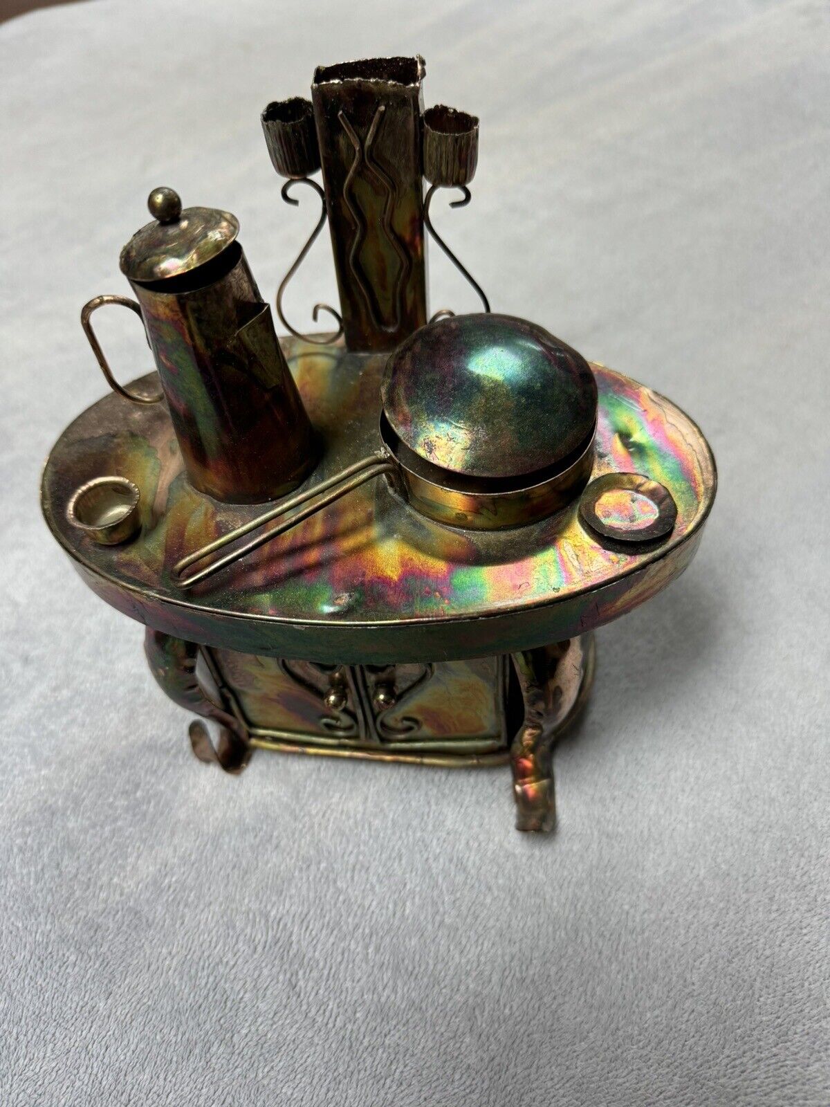 Vintage Copper Tone Tin Wood Stove Music Box Plays “Oh, What A Beautiful Morning