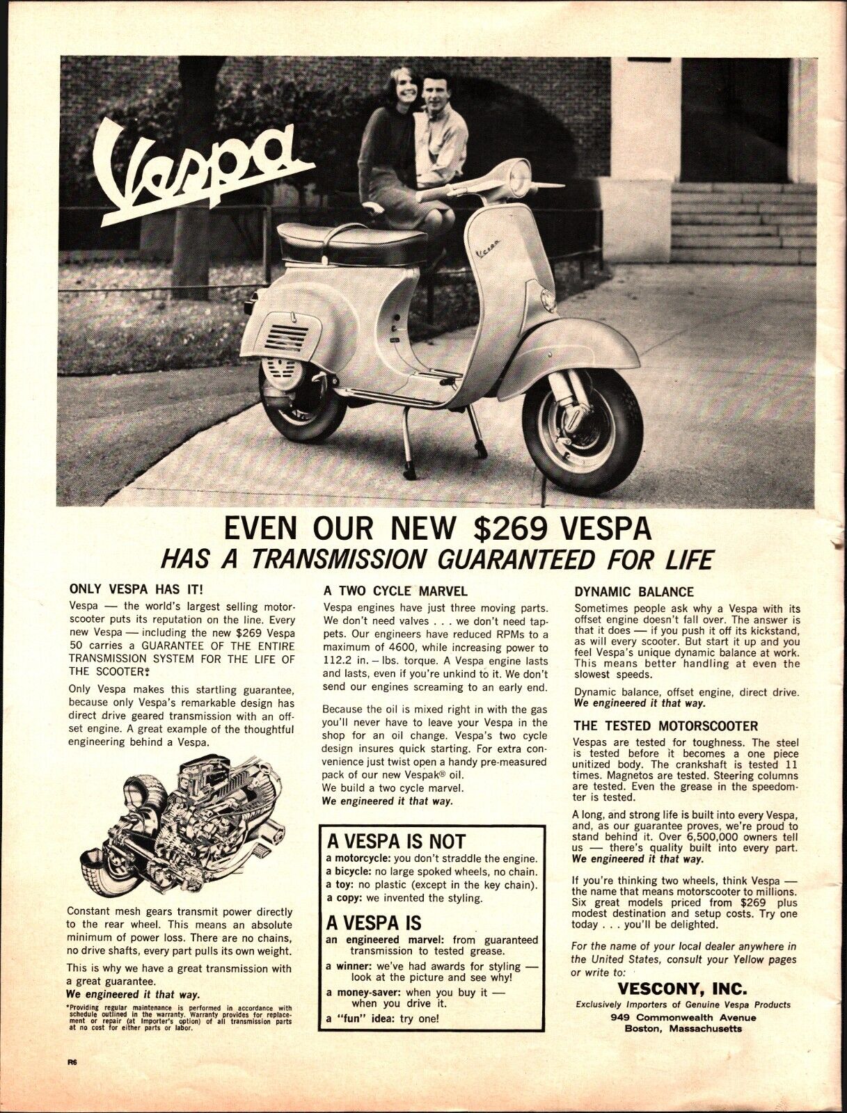 1964 Vespa Vintage Print Ad Scooter Motorbike Man Woman Two Cycle Italian B&W a9
