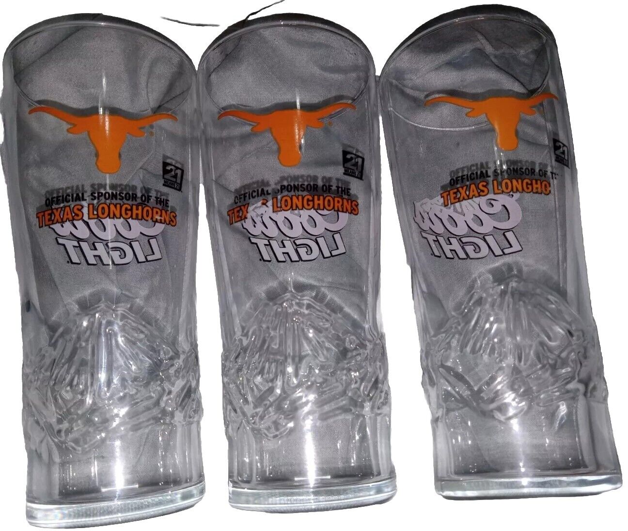 3 Coors Light NCAA Tall Beer Glass Embossed w/ Mountain Design Texas Longhorns