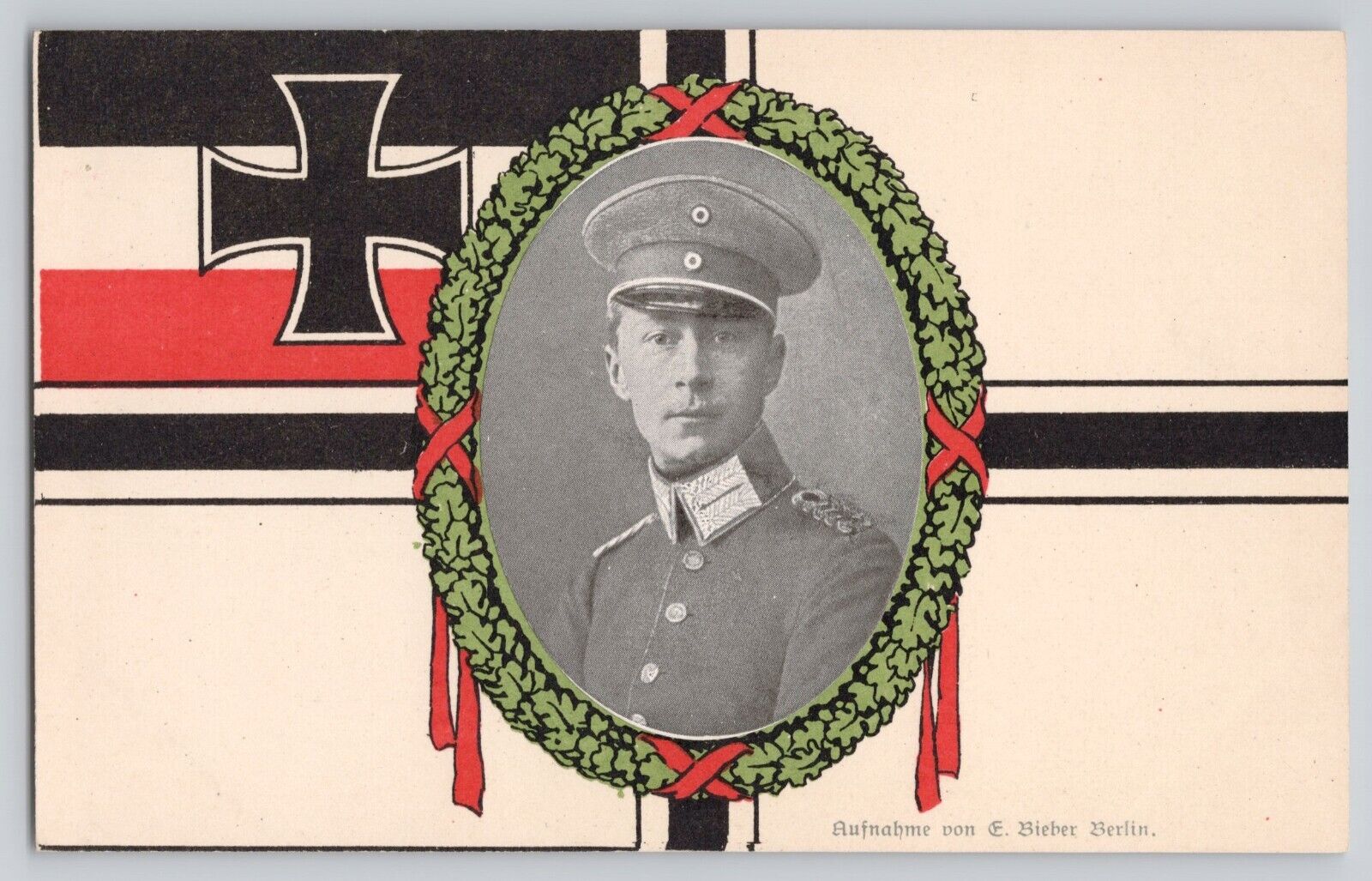WWI German Postcard Imperial Flag and Iron Cross Crown Prince Wilhelm of Prussia