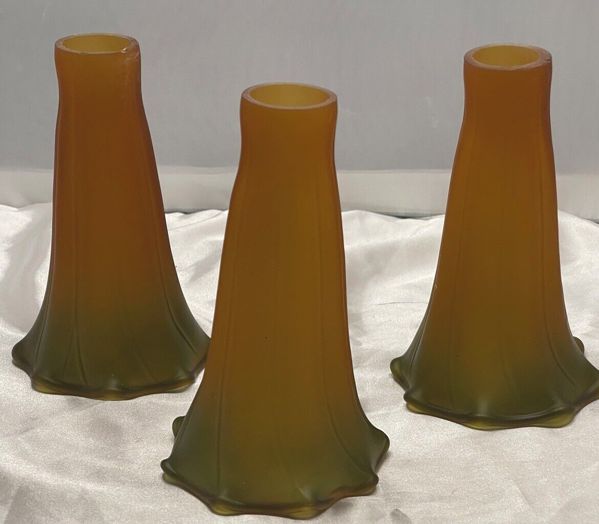 Vintage Tiffany Style Lily Pad Lamp Glass Shades, Amber and Green, Lot Of 3