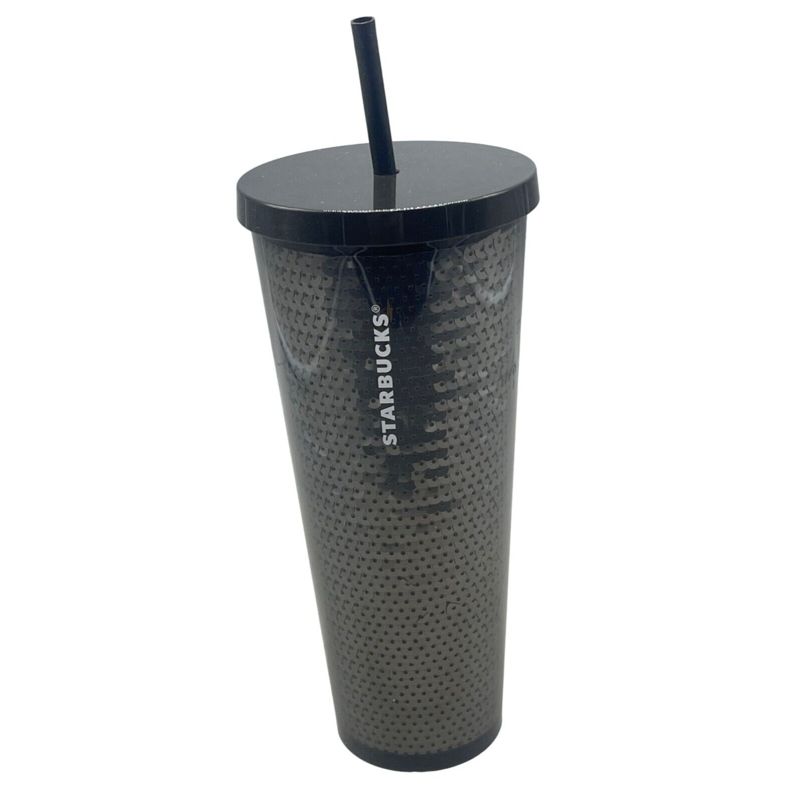 Starbucks Solid Black Sequin Venti Tumbler cup 24 oz w Lid and Straw black READ