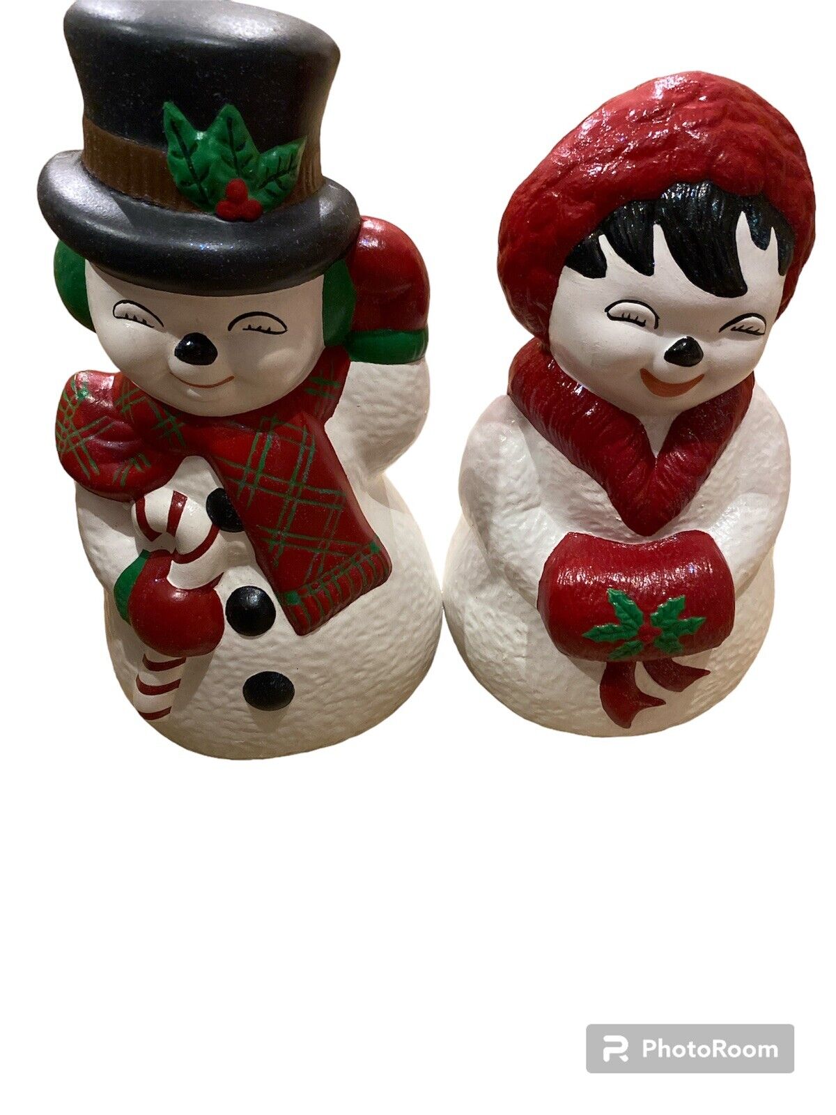 Vintage Christmas Ceramic Atlantic Mold Mr & Mrs Frosty Snowman Hand Painted 